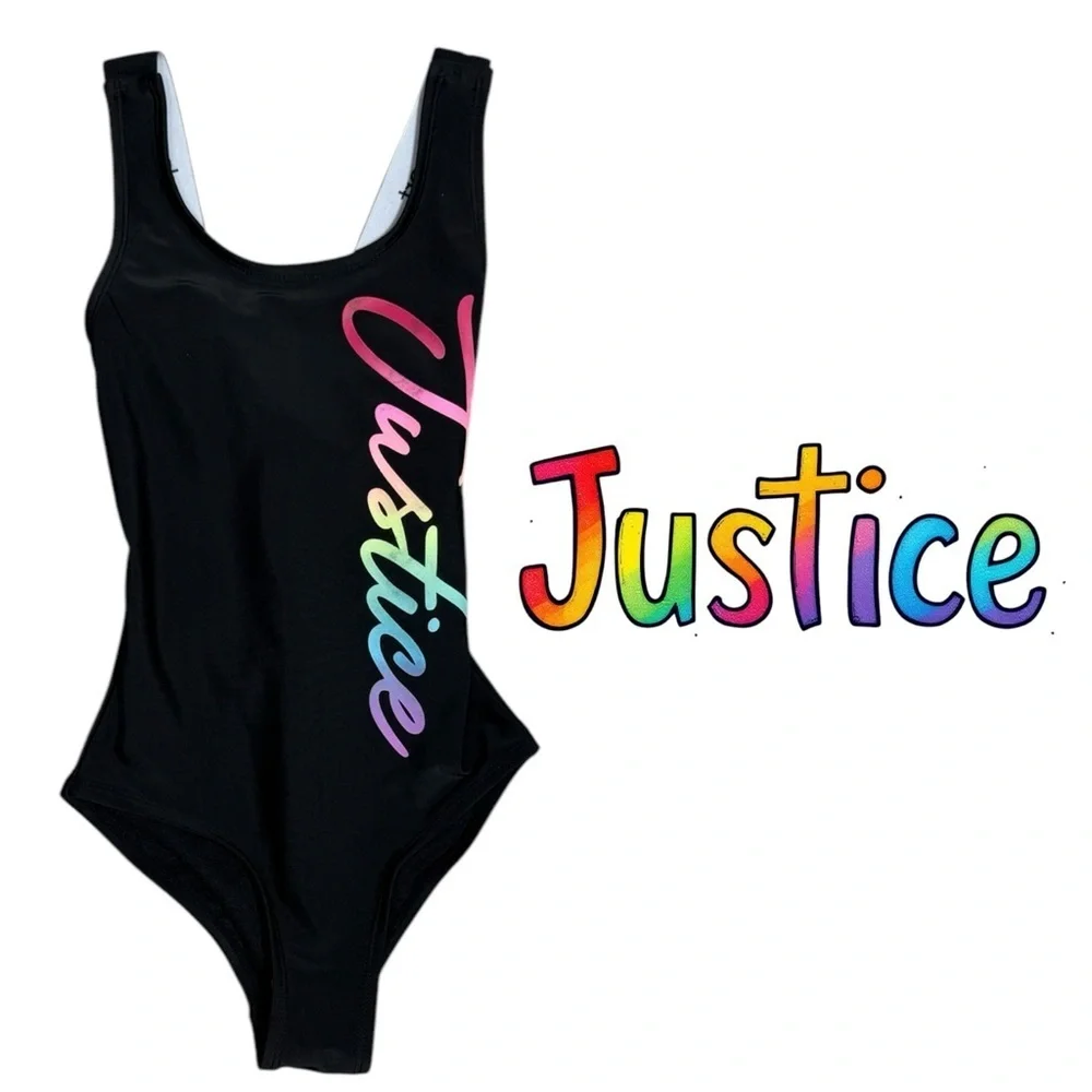 Justice Girls’ size 7 black rainbow one piece swimsuit Justice Sport